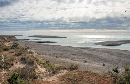 Empty Patagonian landscape at Caleta Valdes in winter, a 35 km long lagoon along the Atlantic coast.