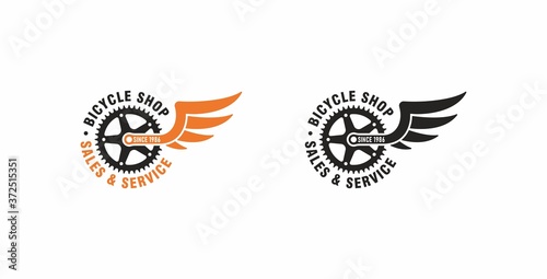 Set of color illustrations bicycle gear, wings, text on a white background. Vector illustration advertises the sale and service of bicycles. Bicycle shop logo. Service and repair.