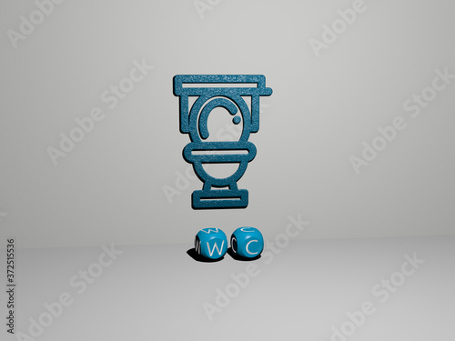 3D representation of wc with icon on the wall and text arranged by metallic cubic letters on a mirror floor for concept meaning and slideshow presentation for illustration and toilet