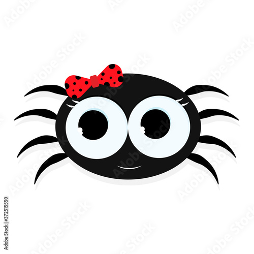 A black spider with a red bow. Tarantula vector