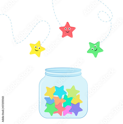 Multicolored stars fall in a glass jar.