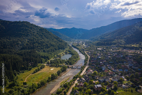 Skole Beskids National Nature Park. View from drone on Skole town