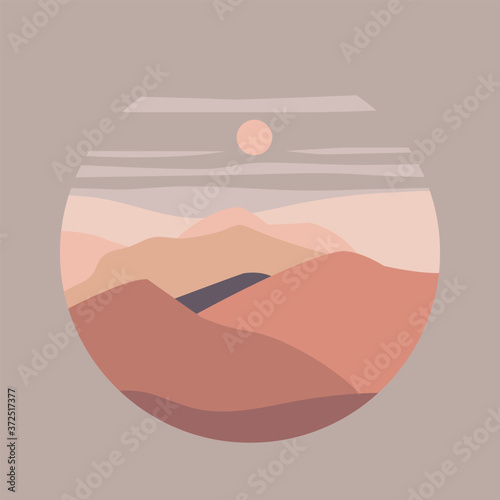 Vector illustration landscape mountain, river view. Hills, clouds, sun, moon. Paper cut style. Nature background.