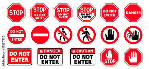 Stop halt allowed Do not enter danger warning sign Vector attention forbidden caution or admittance signs No ban allowed walking people stepping or run symbols Highway road prohibited emergency beware