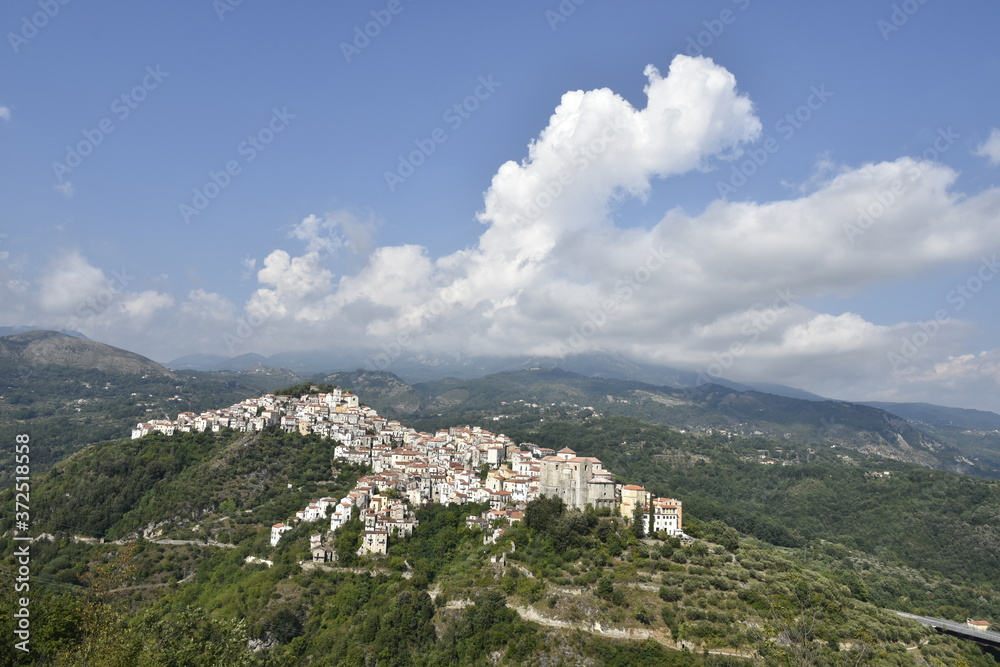 Panoramic view of Rivello, a rural village in the mountains of the Basilicata region.