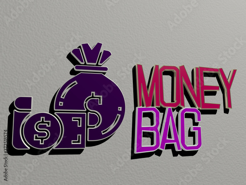 3D representation of MONEY BAG with icon on the wall and text arranged by metallic cubic letters on a mirror floor for concept meaning and slideshow presentation for illustration and business photo