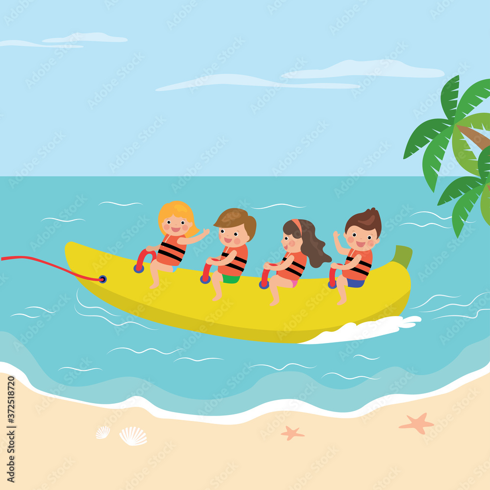 Various cartoon happy kids and a banana boat. Game in sea. Summer holidays of tourism