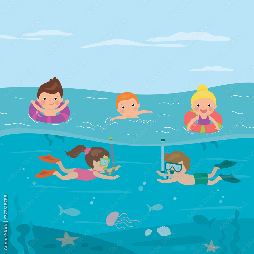 Cartoon children in swimsuits. Caucasian kids swimming and snorkeling in ocean.
