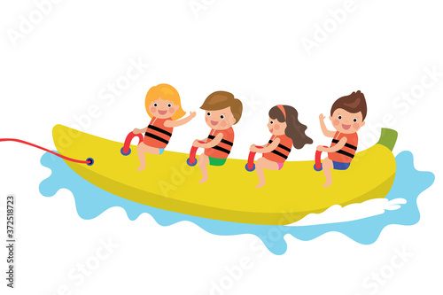 Various cartoon happy kids and a banana boat. Game in sea.
