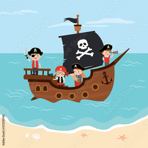 Funny kids pirates on a pirate ship. Cartoon wooden boat. Ocean view. Old galleon with group of children.