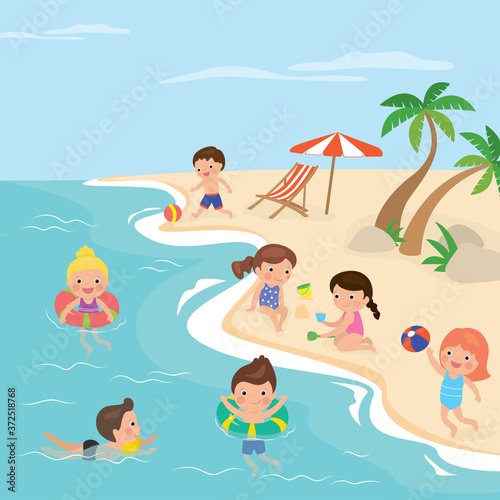 Tropical beach cartoon kids rest and relax. Nature landscape. Ocean view and happy children have summer time game activities.
