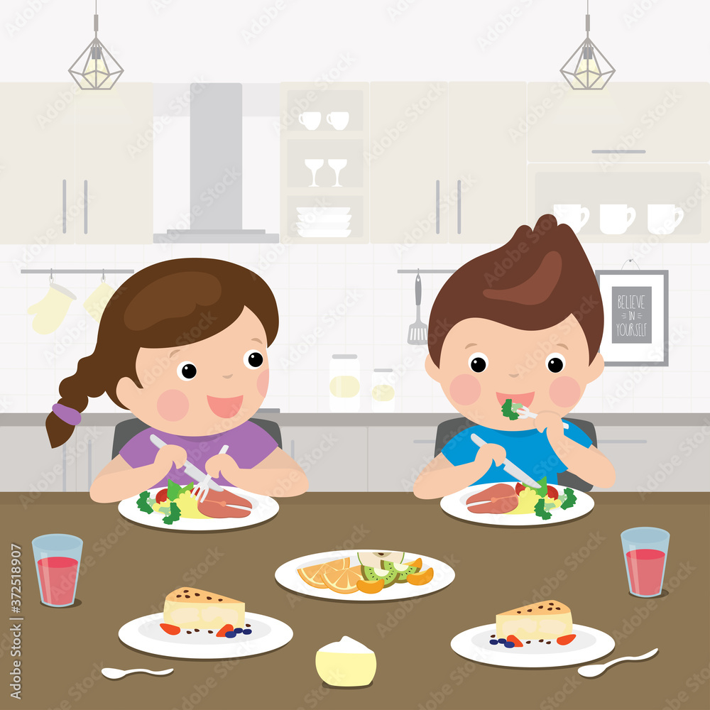 Two cartoon preschoolers have a lunch. Healthy food - vegetables, fish and fruits in the diet of a child. Two cartoon preschoolers have a lunch. Healthy food - vegetables, fish and fruits in the diet of a child.