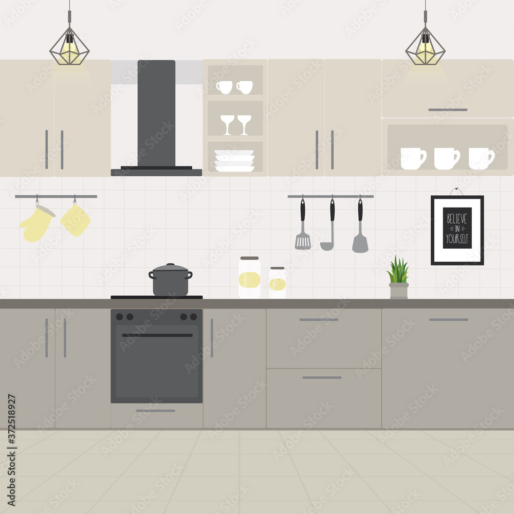 Kitchen interior with furniture. Cartoon cookware and household. Modern decor Kitchen interior with furniture. Cartoon cookware and household. Modern decor