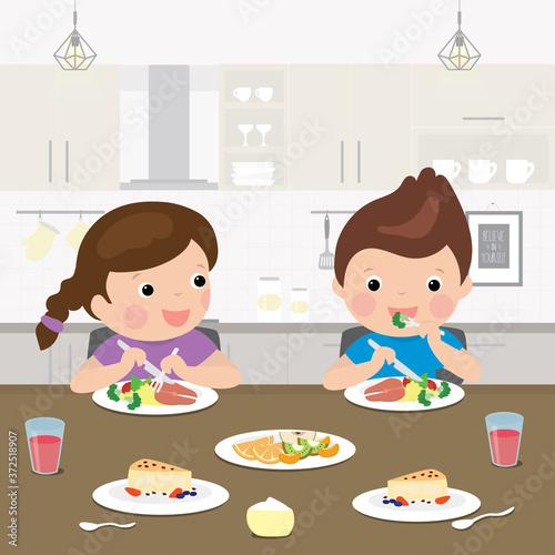 Two cartoon preschoolers have a lunch. Healthy food - vegetables, fish and fruits in the diet of a child.