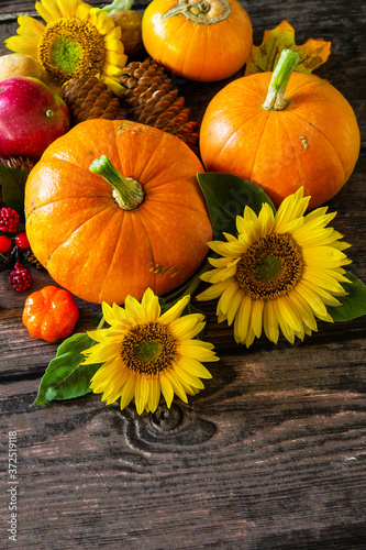 Autumn Background, Thanksgiving table. Pumpkins, sunflowers, apples and fallen leaves. Copy space.