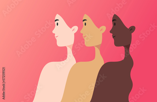 Illustration of three women silhouette of different nationalities, cultures, and skin color equal and strong together - unity concept - vector illustration banner in flat style, beautiful background