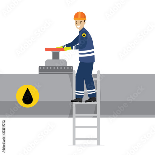 Happy oilman standing on ladder and turns big pipeline valve. Oil industry and worker or engineer in special clothing and helmet. Gas or oil pipe