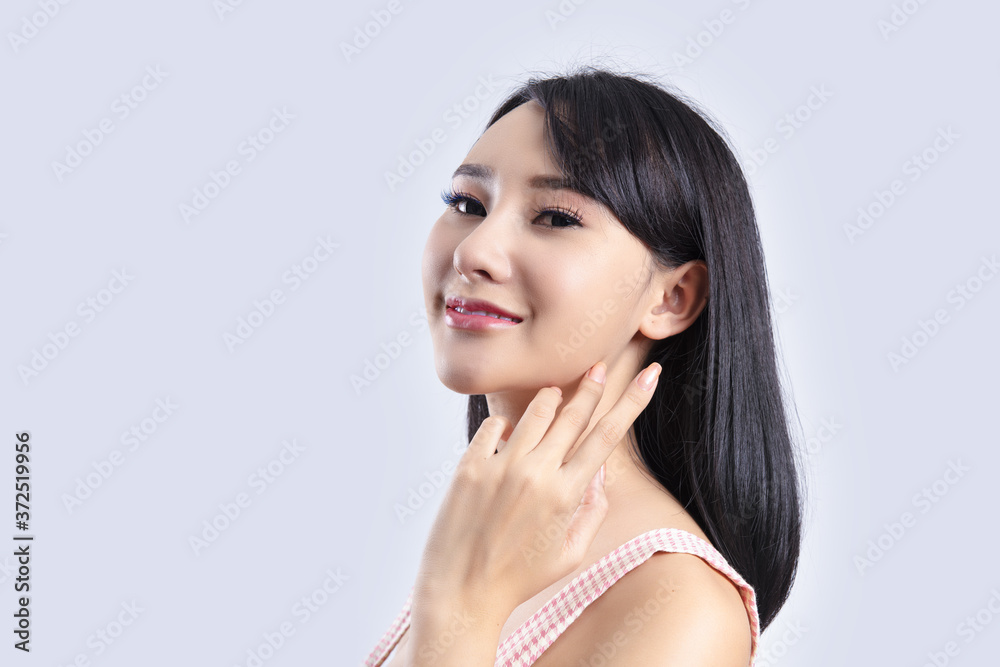 Beautiful young asian girl presenting your product. Beautiful young asian girl presenting your product.
