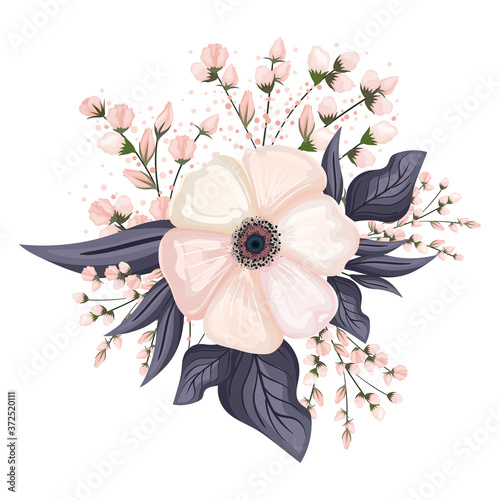 white flower with buds and leaves painting design, natural floral nature plant ornament garden decoration and botany theme Vector illustration