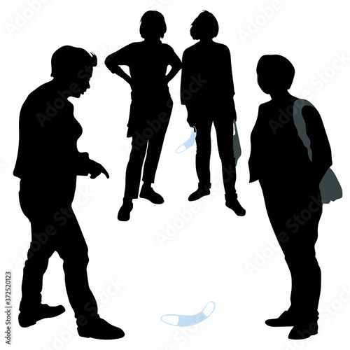 Vector silhouettes of women of different sizes. Two girlfriends stand and look at the woman pointing her finger. Lady with a bag over her shoulder. Silhouette of a protective bandage in a female hand.