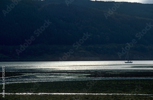 Loch Sunart in Scottish Highlands UK. Late afternoon. Evening sunset reflected on water surface. Single sailing boat. Mountains and forests in background. Tidal streams.