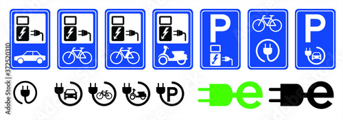 Slogan e charging point symbol. Electric cable plug, battery charger for e-bike, bicycle, car or scooter parking, power station signs. Flat vector vehicle plugging signs.