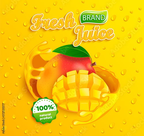 Fresh mango juice label with splash around the fruit slice with apteitic drops from condensation on background for brand,logo,label,emblem,packaging,ad.100 percent natural sap.Vector illustration.