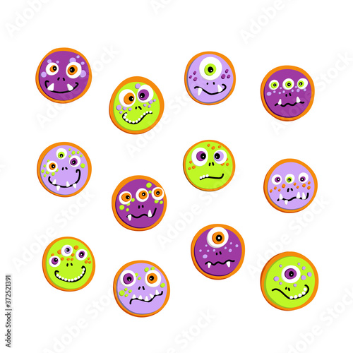 Halloween biscuit biscuit vector illustration isolated on white background. Set of sweets with monsters faces in bright festive colors. For children and kids.