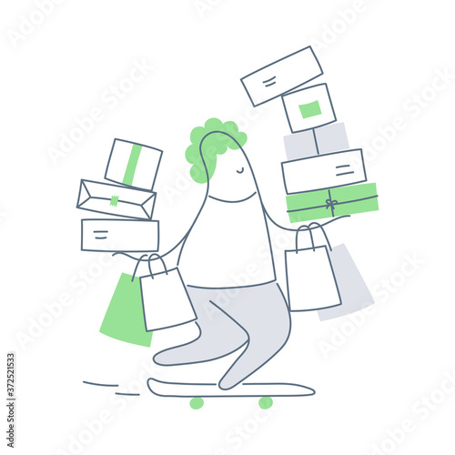 Express delivery, shopaholic or customer with many purchases and packages. Shopping concept. Flat line vector illustration on white.