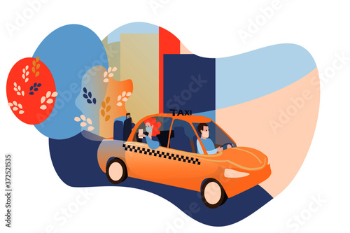 illustration of a cartoon taxi. Girl rides a taxi and shooting city sights from a taxi window on a mobile phone. Passenger and taxi driver comply with COVID-19 restrictions.