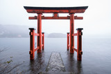 Red torii gate of the Hakone shrine near lake Ashi, Japan