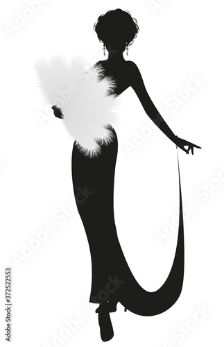 Silhouette of elegant lady dressed in retro style, wearing a fan of feathers isolated on white background