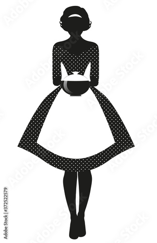 Silhouette of housewife dressed in the style of the 50s in a polka dot dress, carrying a steaming pot isolated on white background