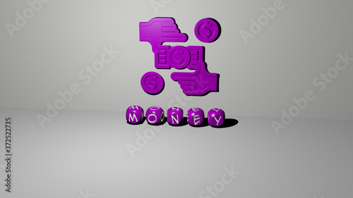 Photos money 3D icon on the wall and text of cubic alphabets on the floor, 3D illustrat