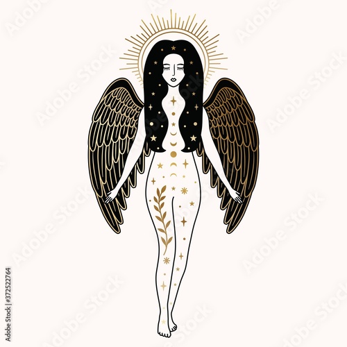 Angel Woman Standing with Wings Illustration in Vector.