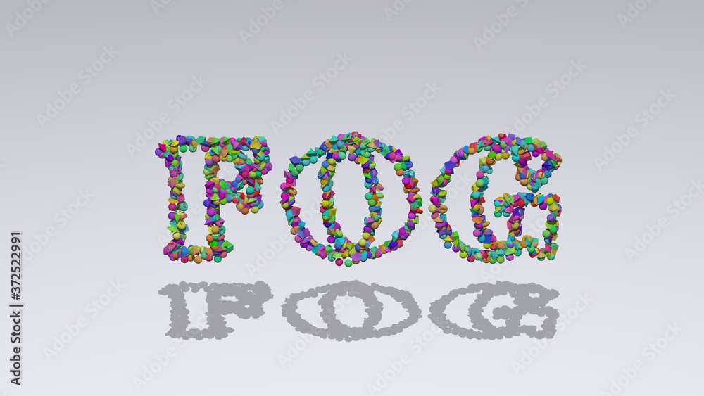 Colorful 3D writting of FOG text with small objects over a white background and matching shadow for beautiful and forest Colorful 3D writting of FOG text with small objects over a white background and matching shadow for beautiful and forest