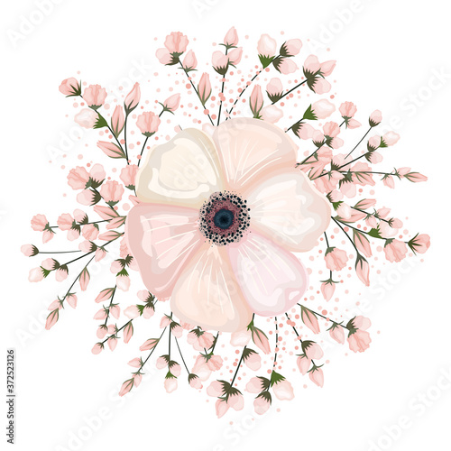 buds around white flower painting design, natural floral nature plant ornament garden decoration and botany theme Vector illustration