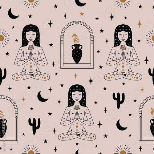 Woman Praying Seamless Pattern in Vector.