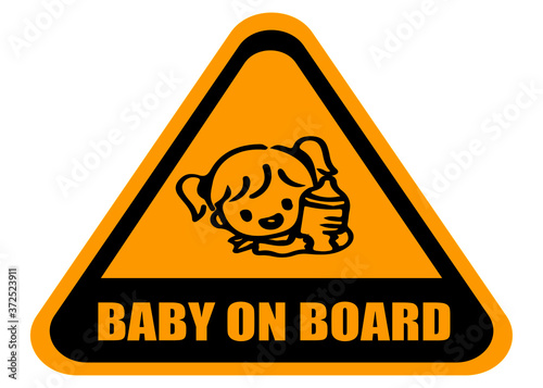 Baby on board sign with child girl smiling face with nipple silhouette in yellow triangle on a white background. Car sticker with warning.