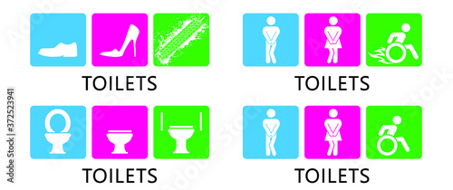 Wc world toilet day. Bathroom or restroom icons. Funny vector pissing signs. For handicap people, woman, man or gender to peeing pictogram. Human handicap toilets seat   with wheelchair logo. 