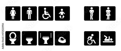 Wc world toilet day. Bathroom or restroom icons. Funny vector pissing signs. For handicap people, woman, man or gender to peeing pictogram. Human handicap toilets seat   with wheelchair logo. 