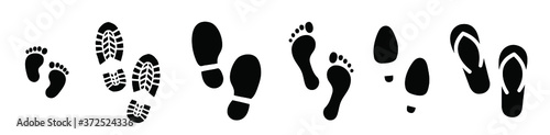 Human bare walk footprints shoes and shoe sole Kids feet and foot steps Fun vector baby footsteps icon or sign for print Kid step for trail Walking footstep and footprint for trekking or follow route photo