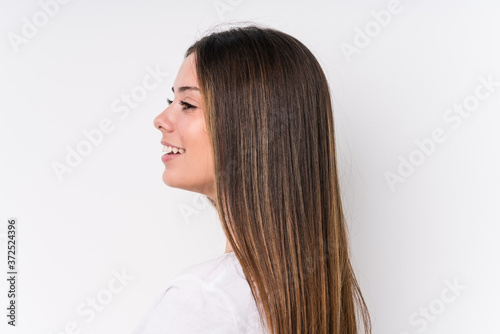 Young pretty caucasian woman face closeup isolated