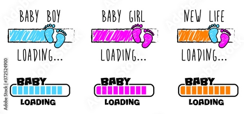 Slogan baby is loading with download bar, please wait. New born coming soon, happy family for papa and mama. Drawing cartoon vector infant quotes sign. Mother is pregnant New life for grandma, grandpa