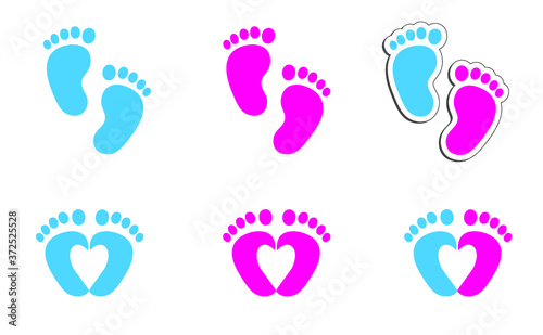 Boy or girl. Love heart. Newborn, pregnant or coming soon footprints shoes and shoe sole slogan. Kids or baby feet and foot steps Fun vector footsteps icon for print. Quote blue or pink sign