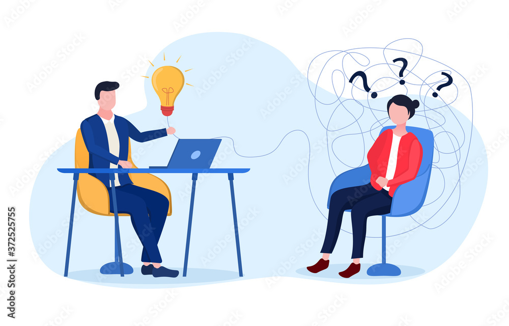 Concept of psychotherapy. Woman on reception at psychiatrist in office. Flat vector illustration