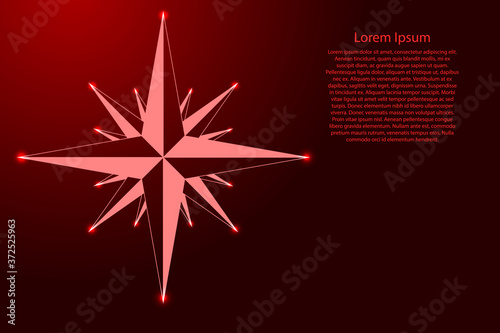 Wind rose with intermediate points compass star navigation red color and glowing stars. Vector illustration.