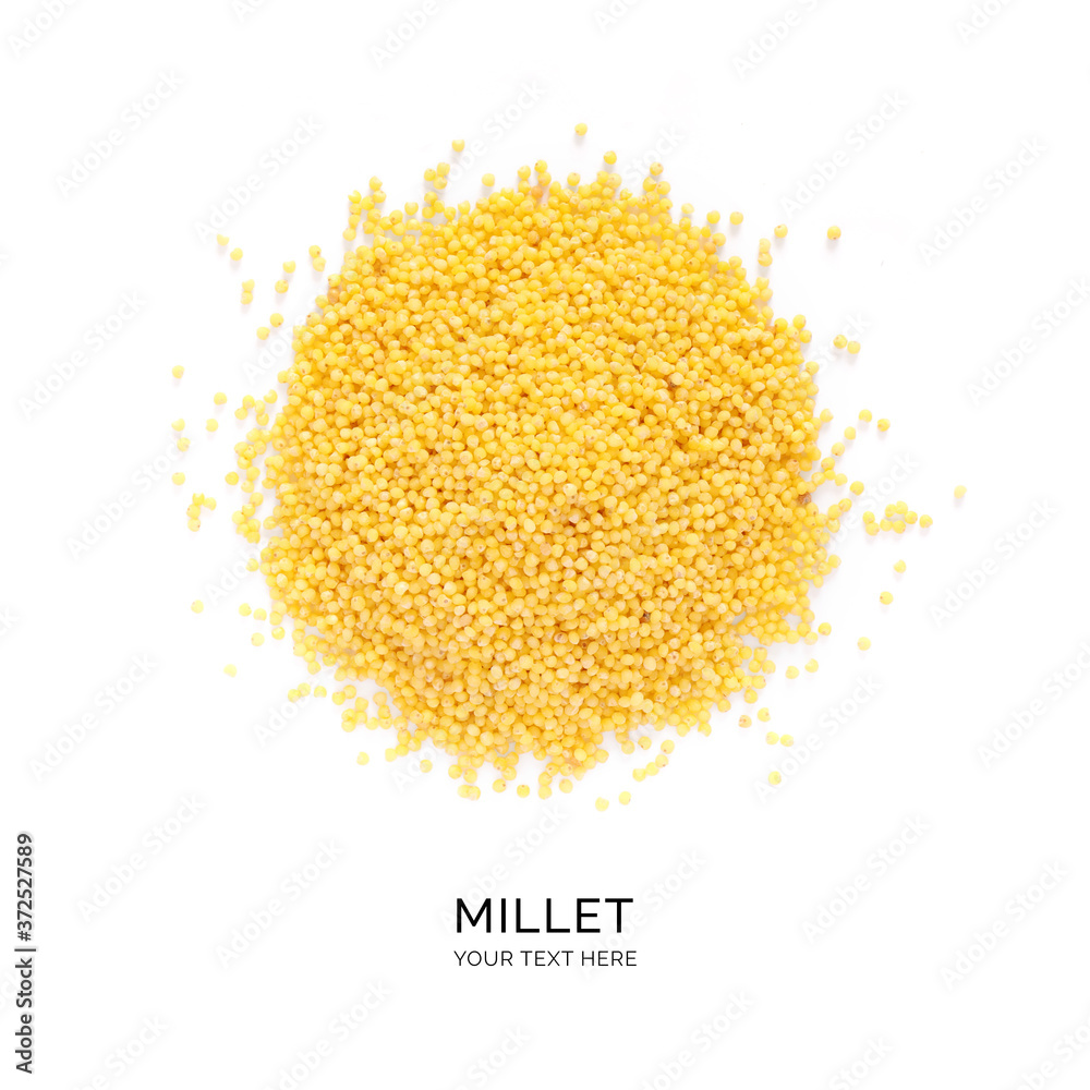 Creative layout made of millet on the white background. Flat lay. Food concept. Creative layout made of millet on the white background. Flat lay. Food concept.