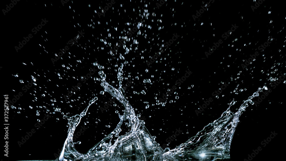 Water splash isolated on black background, freeze motion