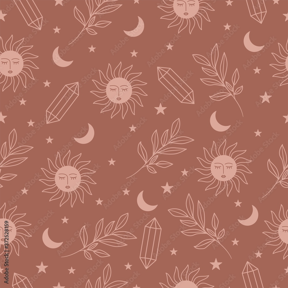 Sun and Crystal Seamless Pattern Illustration in Vector.